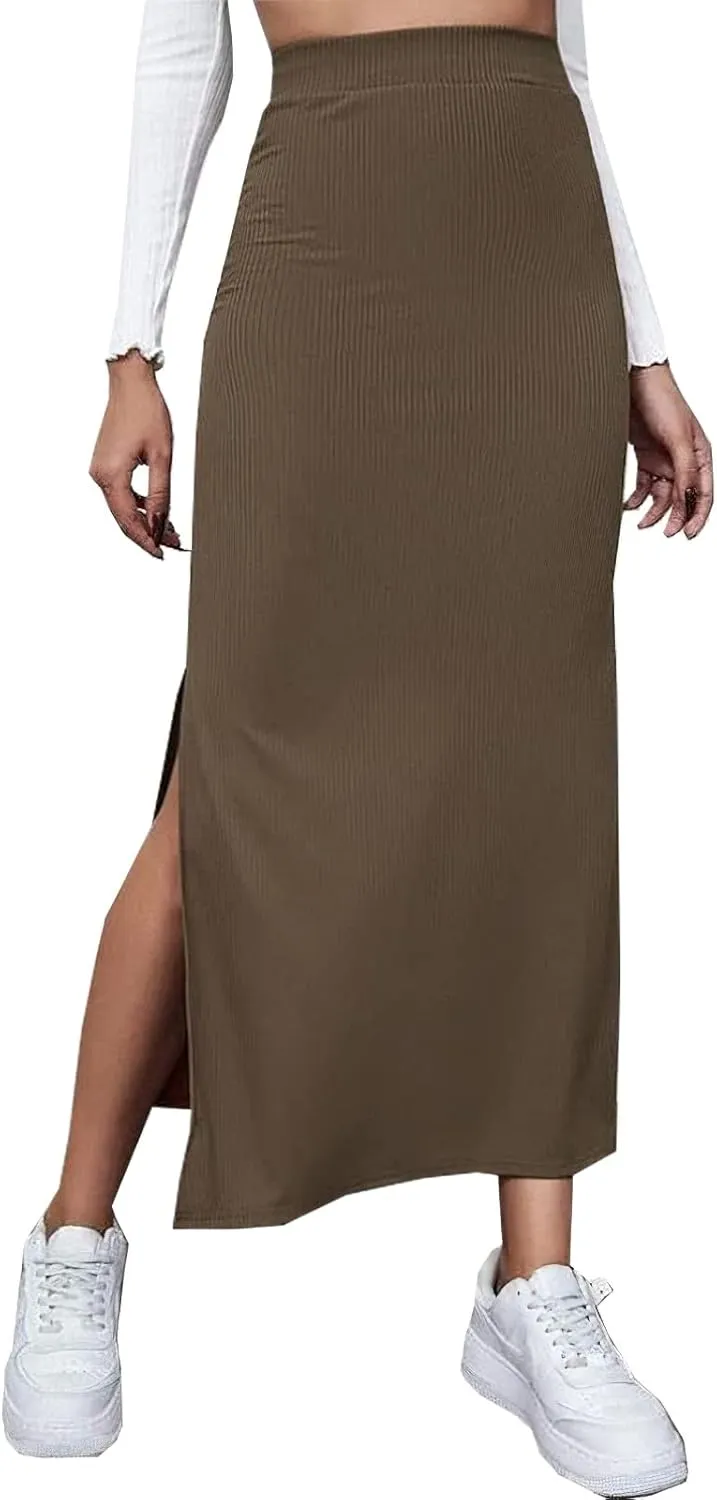 CHARTOU Women's Knitted Stretchy High Waist Straight Slit Pencil Bodycon Long Skirt