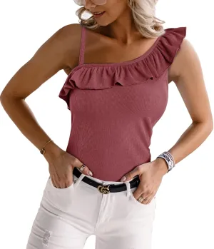 CNJFJ Womens Summer Bodycon Camisoles One Shoulder Strap Square Neck Blouse Rib Knitted Ruffle Tank Tops
