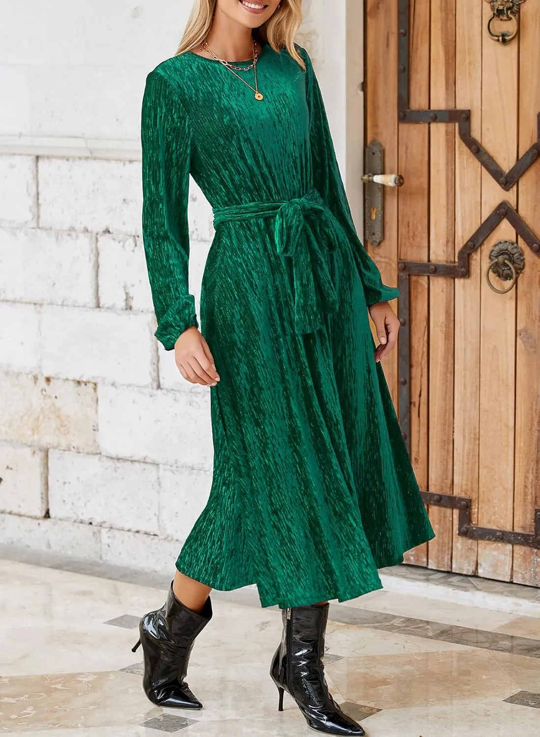 Happy Sailed Women's Velvet Dress Fashion Spring Lantern Sleeve High Waist A-Line Long Formal Party Dresses