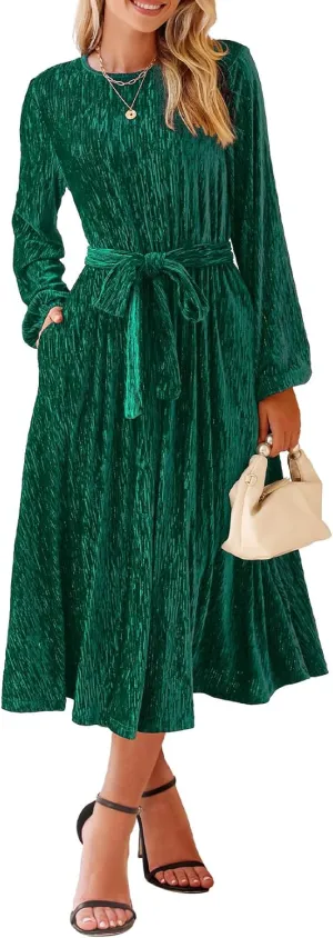 Happy Sailed Women's Velvet Dress Fashion Spring Lantern Sleeve High Waist A-Line Long Formal Party Dresses