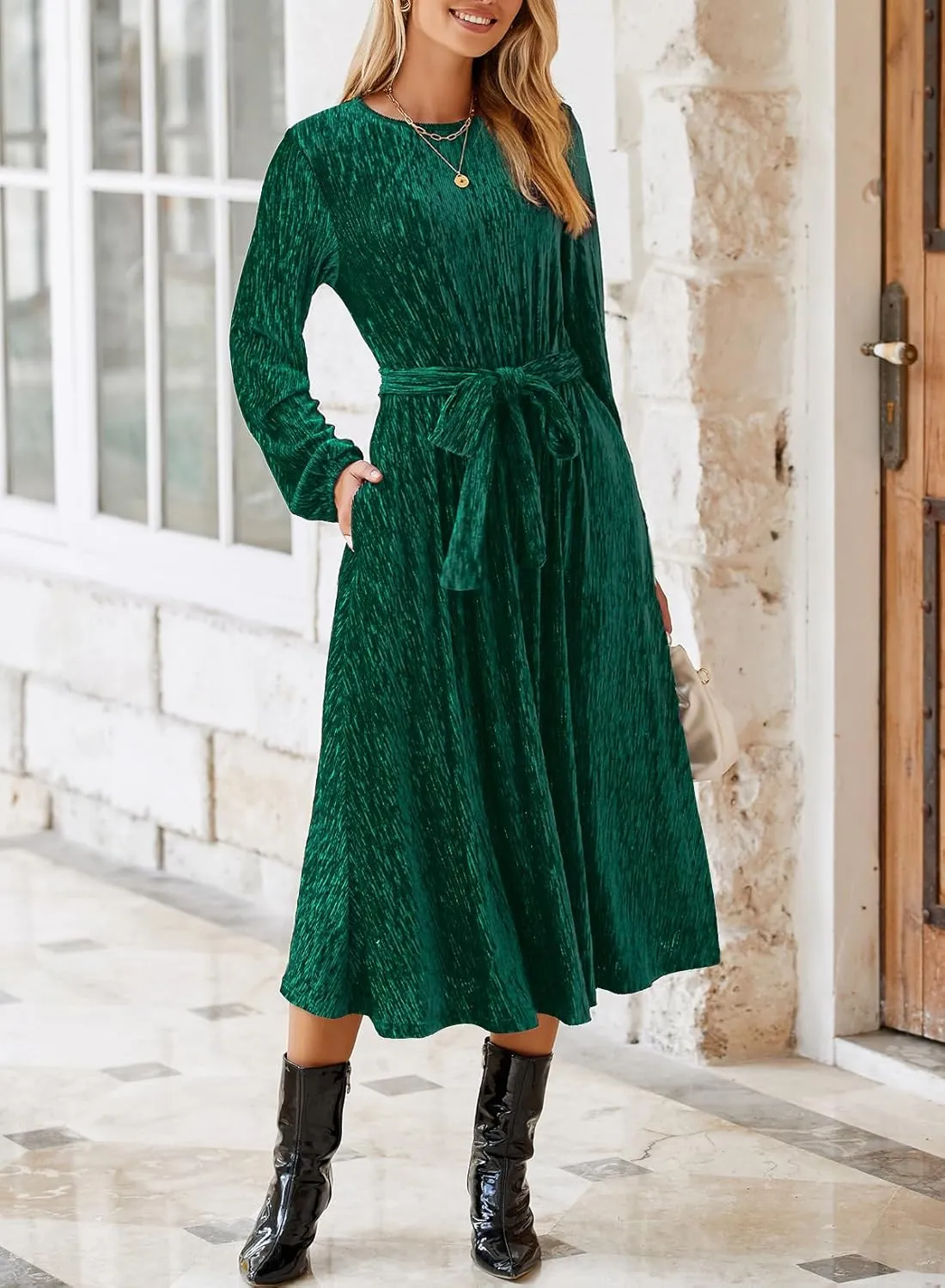 Happy Sailed Women's Velvet Dress Fashion Spring Lantern Sleeve High Waist A-Line Long Formal Party Dresses