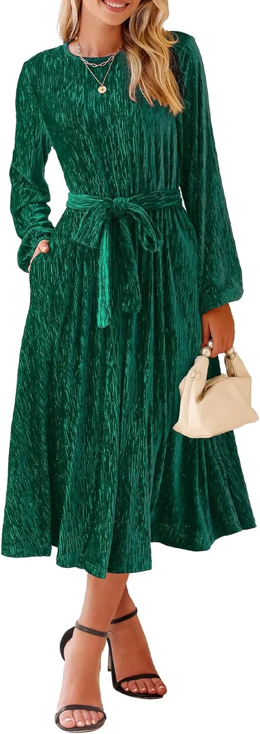 Happy Sailed Women's Velvet Dress Fashion Spring Lantern Sleeve High Waist A-Line Long Formal Party Dresses