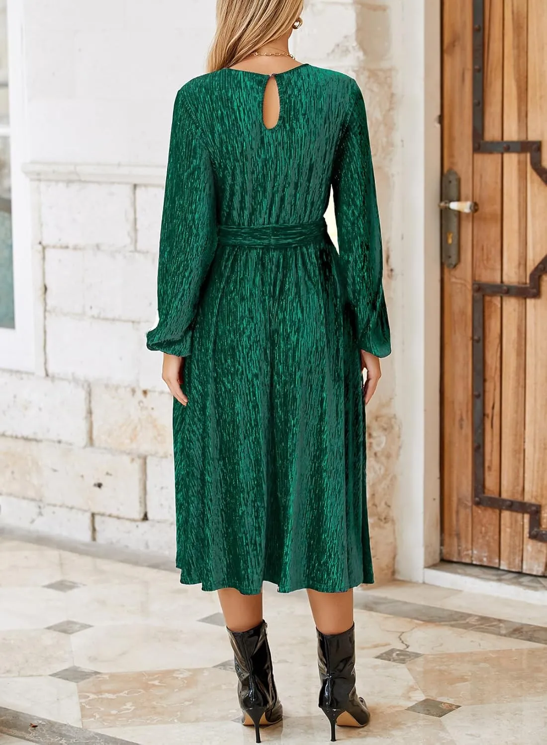 Happy Sailed Women's Velvet Dress Fashion Spring Lantern Sleeve High Waist A-Line Long Formal Party Dresses
