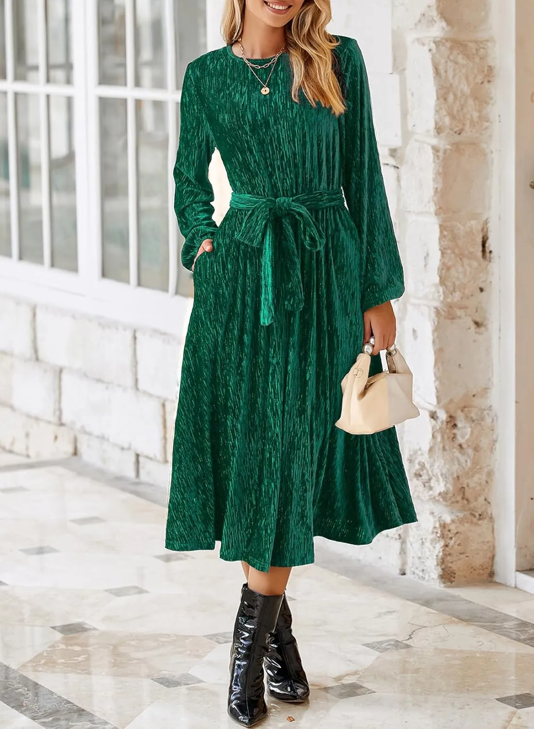 Happy Sailed Women's Velvet Dress Fashion Spring Lantern Sleeve High Waist A-Line Long Formal Party Dresses