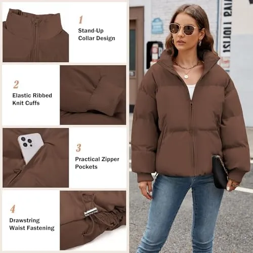HEEKPEK Puffer Jacket Womens 2024 Winter Coats Cropped Long Sleeve Zip Puffy Quilted Jackets Stand Collar Baggy Short Coat