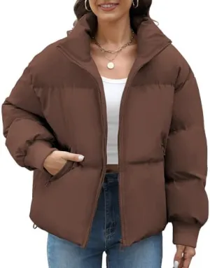 HEEKPEK Puffer Jacket Womens 2024 Winter Coats Cropped Long Sleeve Zip Puffy Quilted Jackets Stand Collar Baggy Short Coat