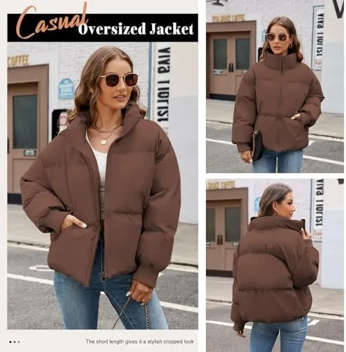 HEEKPEK Puffer Jacket Womens 2024 Winter Coats Cropped Long Sleeve Zip Puffy Quilted Jackets Stand Collar Baggy Short Coat