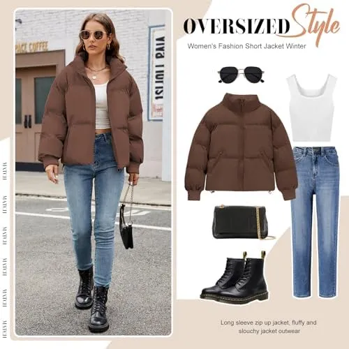 HEEKPEK Puffer Jacket Womens 2024 Winter Coats Cropped Long Sleeve Zip Puffy Quilted Jackets Stand Collar Baggy Short Coat