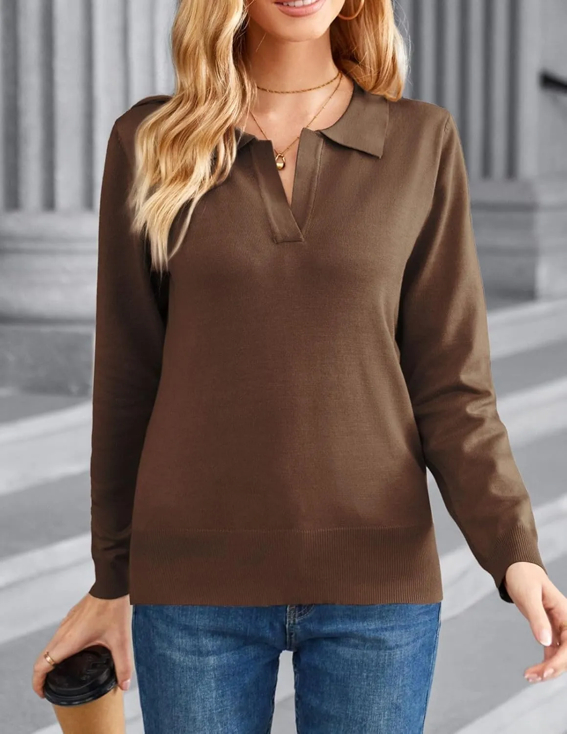 Kate Kasin Women Long Sleeve Polo Sweater V Neck Knitted Tops Casual Ribbed Shirt Loose Pullover Sweater