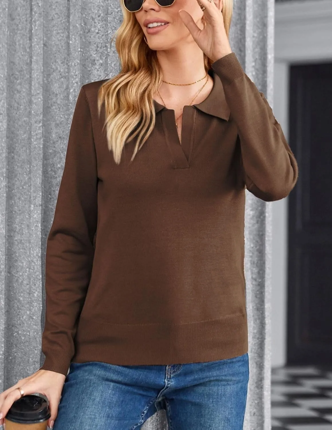 Kate Kasin Women Long Sleeve Polo Sweater V Neck Knitted Tops Casual Ribbed Shirt Loose Pullover Sweater