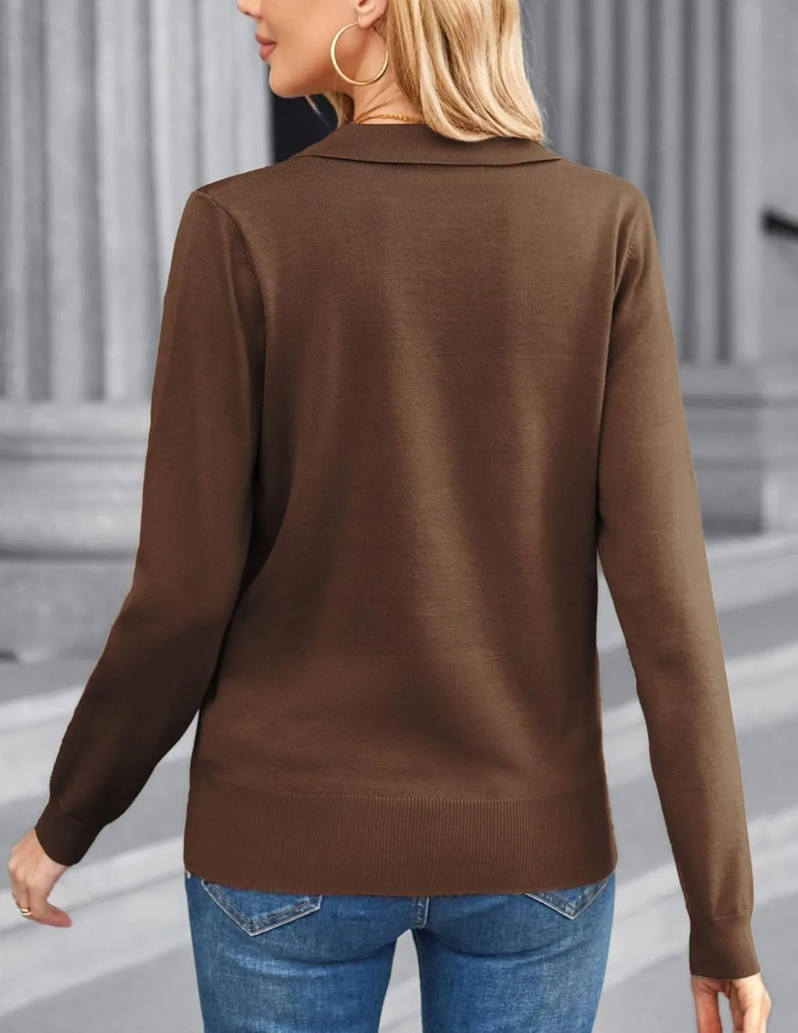 Kate Kasin Women Long Sleeve Polo Sweater V Neck Knitted Tops Casual Ribbed Shirt Loose Pullover Sweater