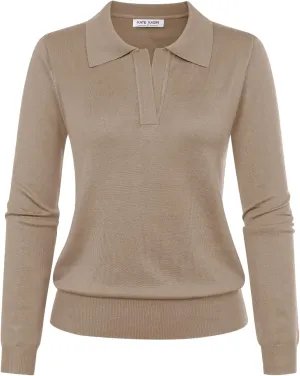 Kate Kasin Women Long Sleeve Polo Sweater V Neck Knitted Tops Casual Ribbed Shirt Loose Pullover Sweater