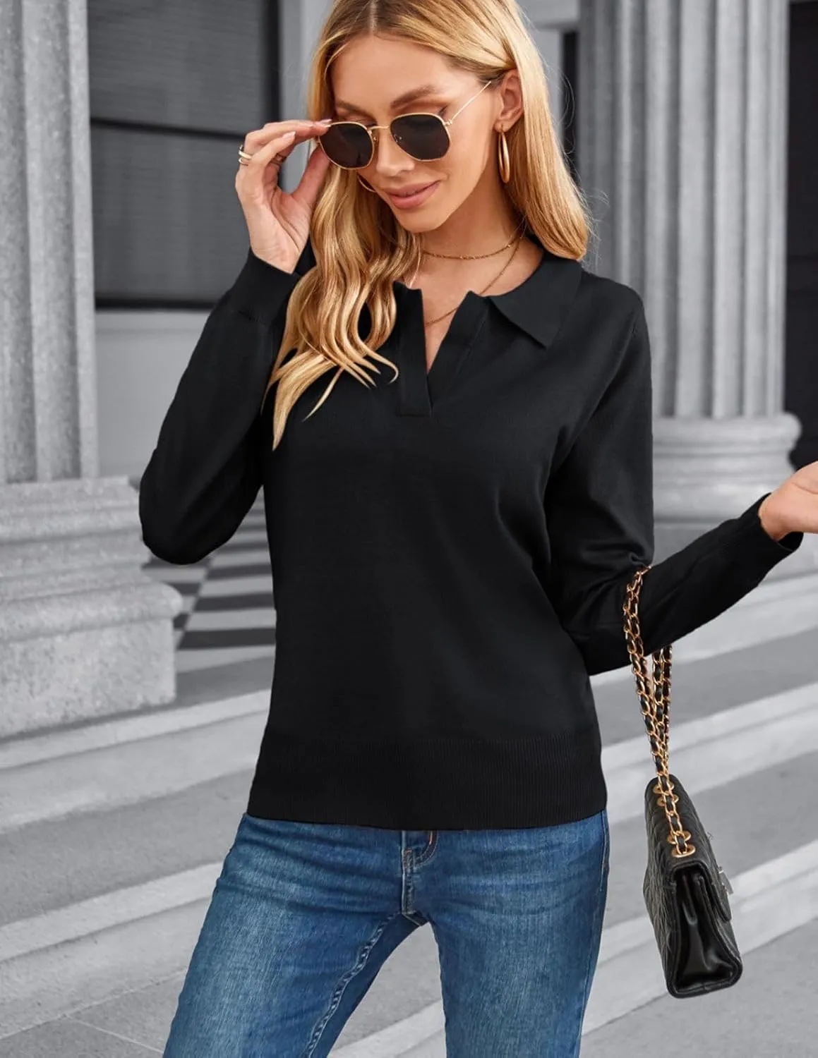 Kate Kasin Women Long Sleeve Polo Sweater V Neck Knitted Tops Casual Ribbed Shirt Loose Pullover Sweater