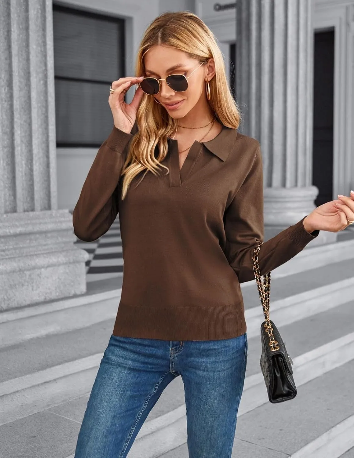 Kate Kasin Women Long Sleeve Polo Sweater V Neck Knitted Tops Casual Ribbed Shirt Loose Pullover Sweater