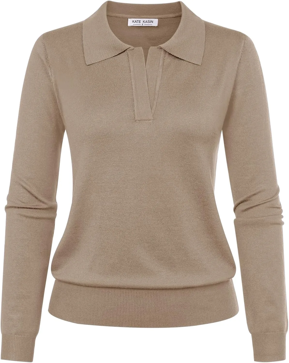 Kate Kasin Women Long Sleeve Polo Sweater V Neck Knitted Tops Casual Ribbed Shirt Loose Pullover Sweater