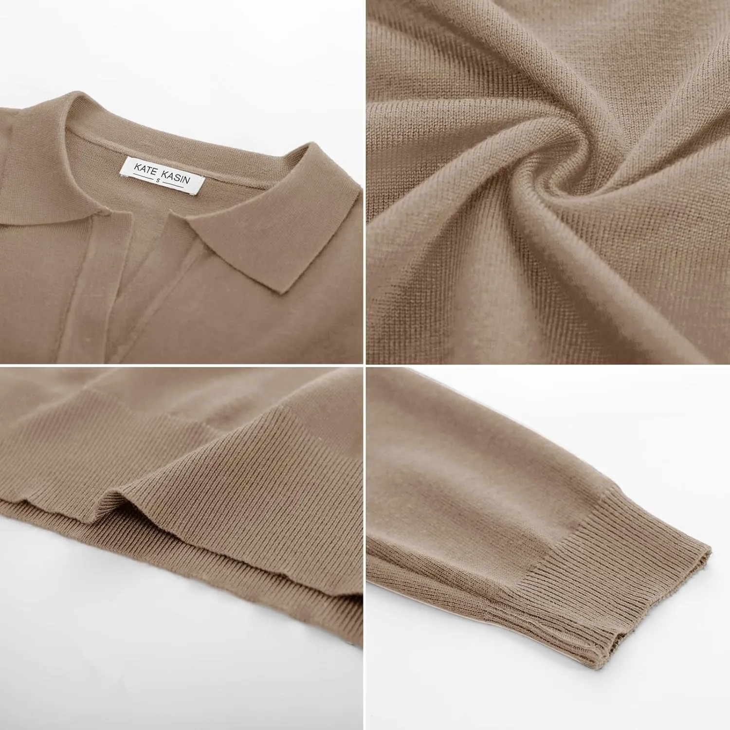 Kate Kasin Women Long Sleeve Polo Sweater V Neck Knitted Tops Casual Ribbed Shirt Loose Pullover Sweater