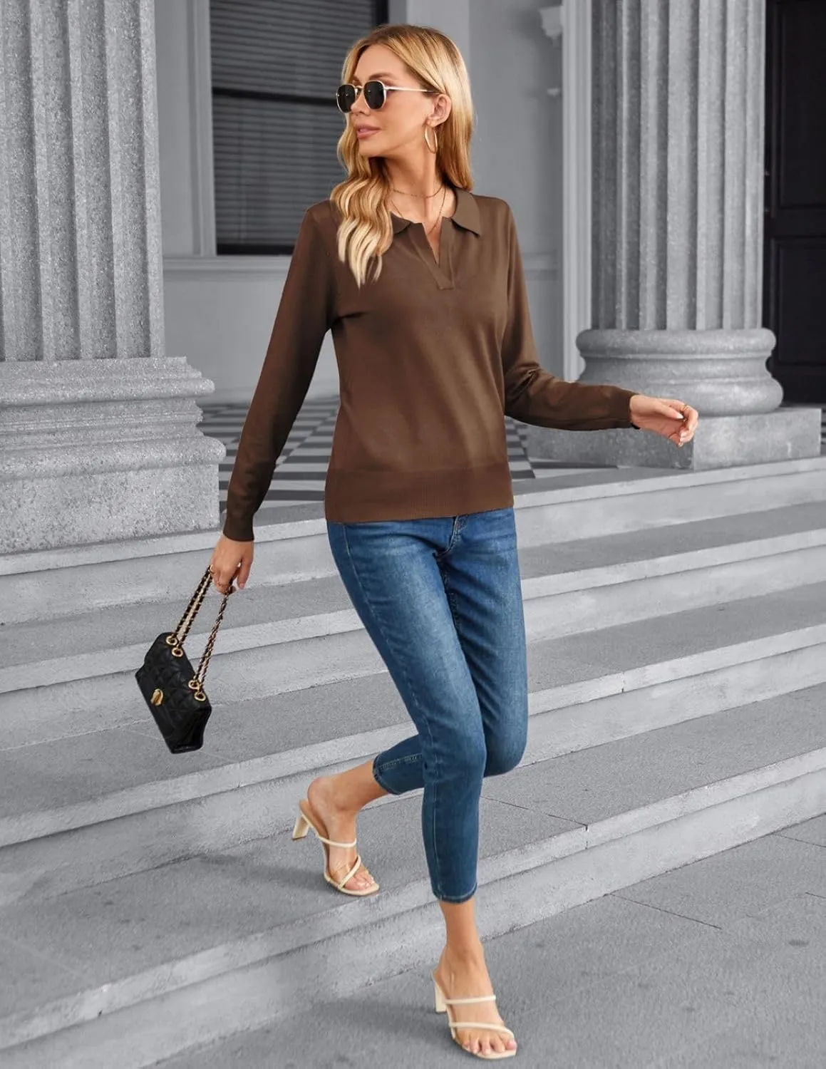 Kate Kasin Women Long Sleeve Polo Sweater V Neck Knitted Tops Casual Ribbed Shirt Loose Pullover Sweater