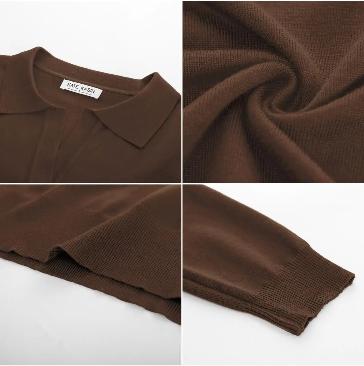 Kate Kasin Women Long Sleeve Polo Sweater V Neck Knitted Tops Casual Ribbed Shirt Loose Pullover Sweater