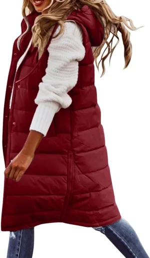 Long Puffer Vest Women Plus Size Winter Warm Coat Sleeveless Puffer Jacket Zipper Hooded Outerwear with Pockets