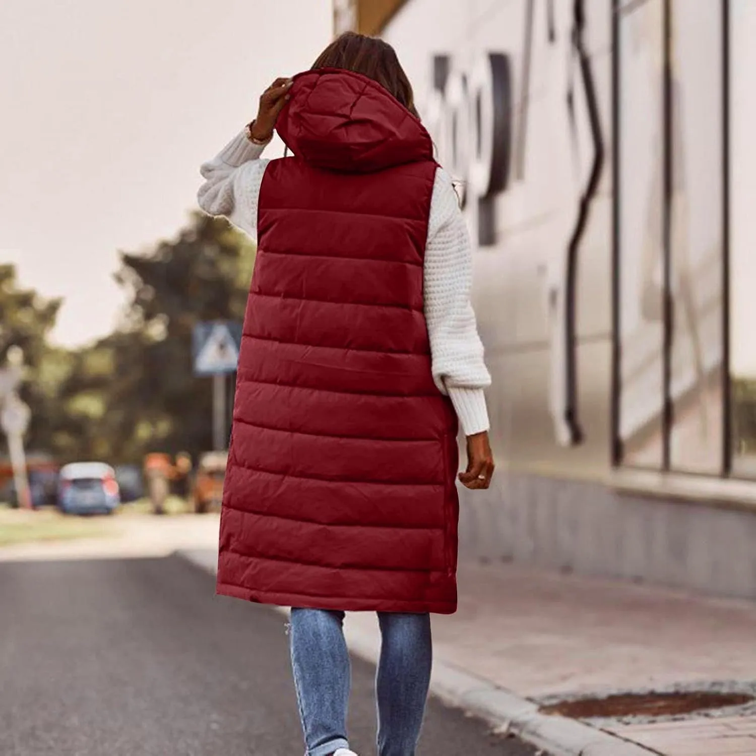 Long Puffer Vest Women Plus Size Winter Warm Coat Sleeveless Puffer Jacket Zipper Hooded Outerwear with Pockets