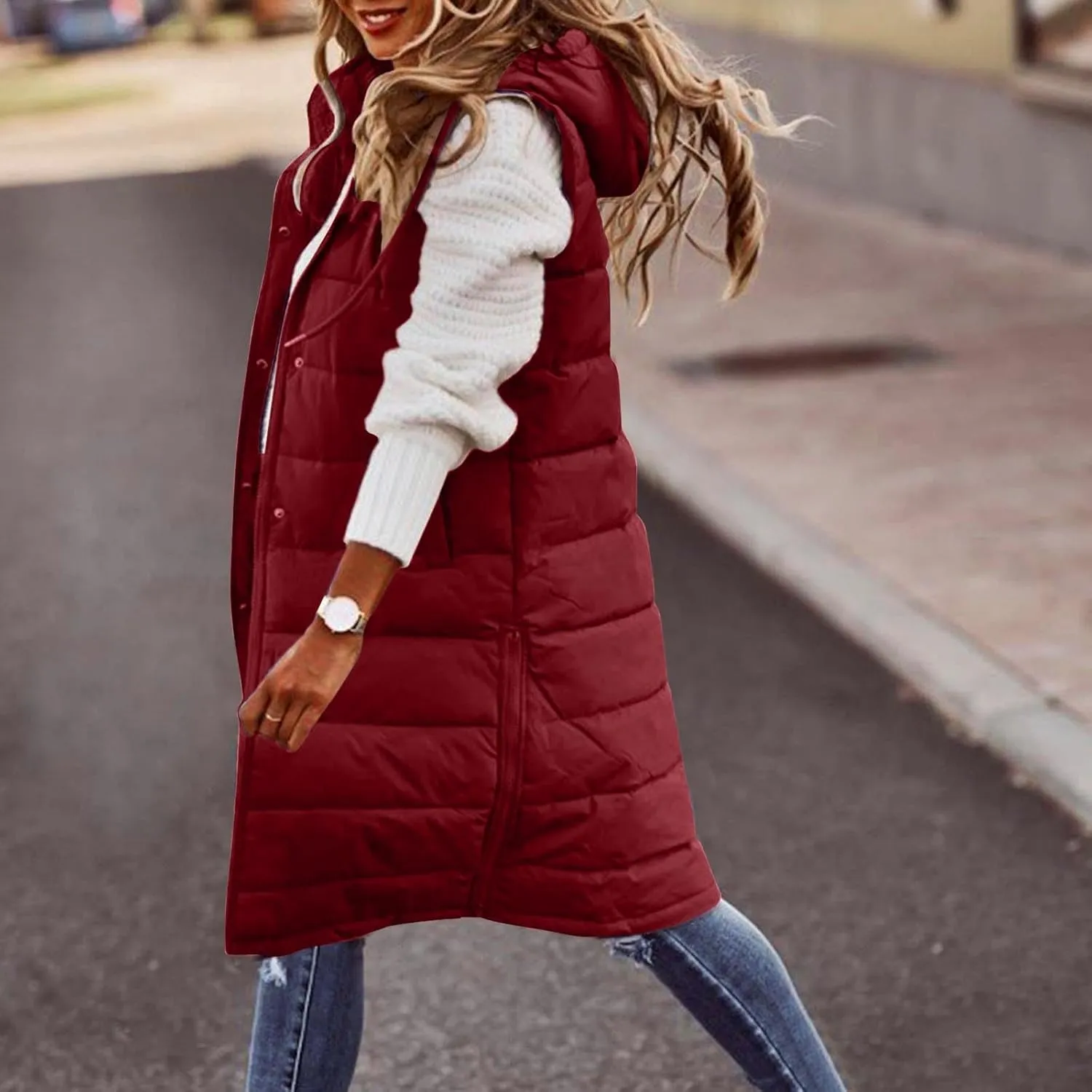 Long Puffer Vest Women Plus Size Winter Warm Coat Sleeveless Puffer Jacket Zipper Hooded Outerwear with Pockets