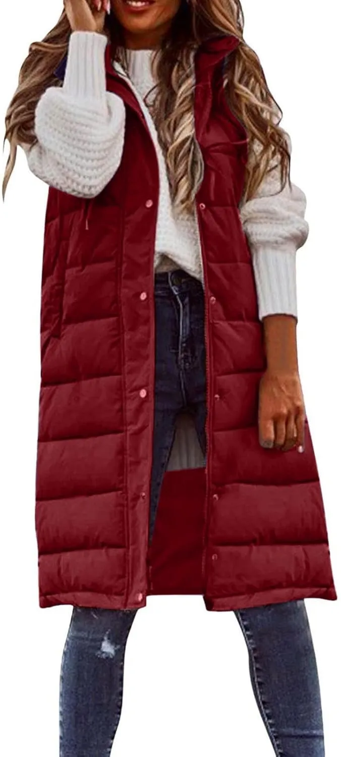 Long Puffer Vest Women Plus Size Winter Warm Coat Sleeveless Puffer Jacket Zipper Hooded Outerwear with Pockets