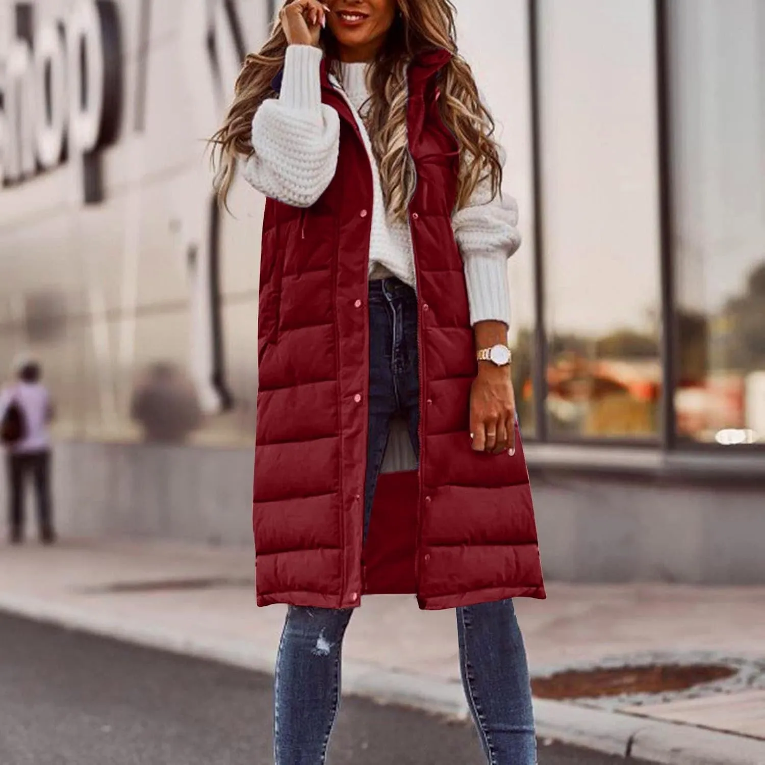 Long Puffer Vest Women Plus Size Winter Warm Coat Sleeveless Puffer Jacket Zipper Hooded Outerwear with Pockets