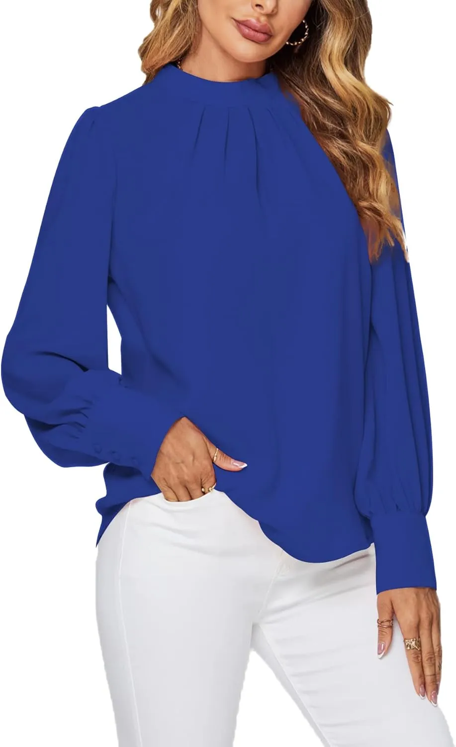 LYANER Women's Mock Neck Pleated Solid Long Sleeve Blouse Office Shirt Top