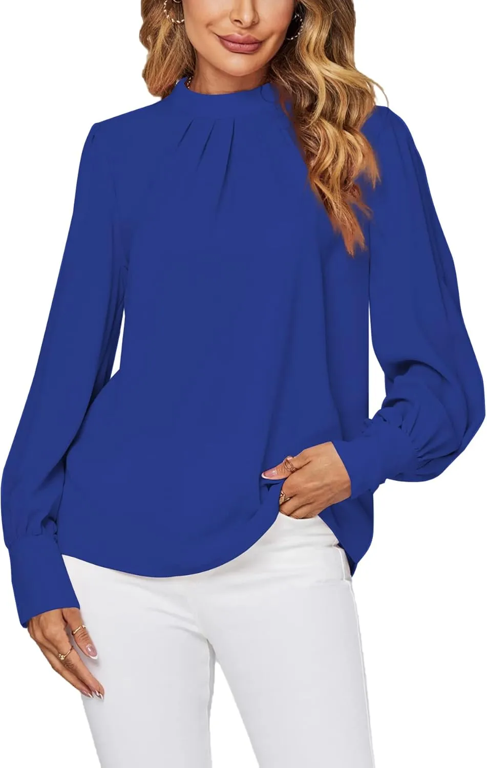 LYANER Women's Mock Neck Pleated Solid Long Sleeve Blouse Office Shirt Top