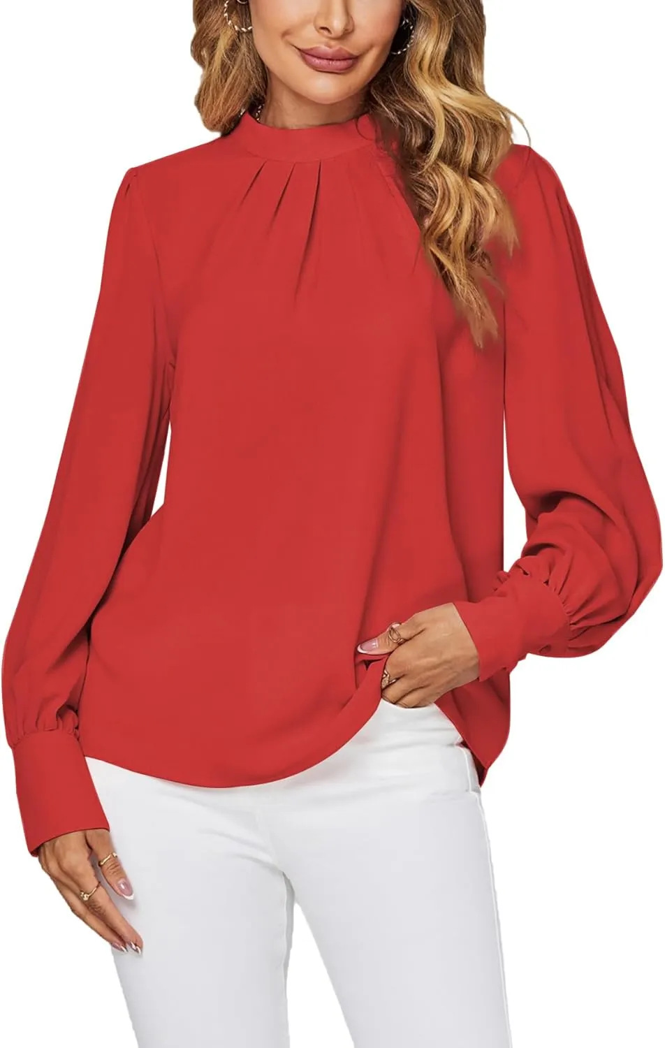 LYANER Women's Mock Neck Pleated Solid Long Sleeve Blouse Office Shirt Top