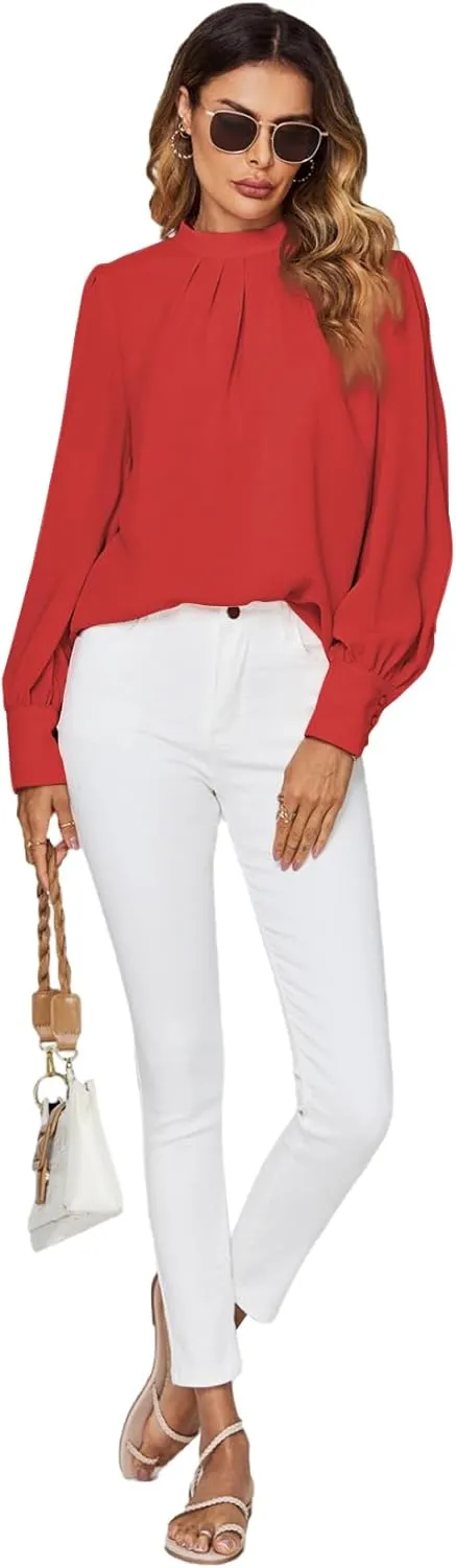 LYANER Women's Mock Neck Pleated Solid Long Sleeve Blouse Office Shirt Top