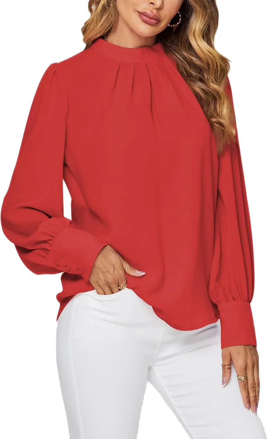 LYANER Women's Mock Neck Pleated Solid Long Sleeve Blouse Office Shirt Top