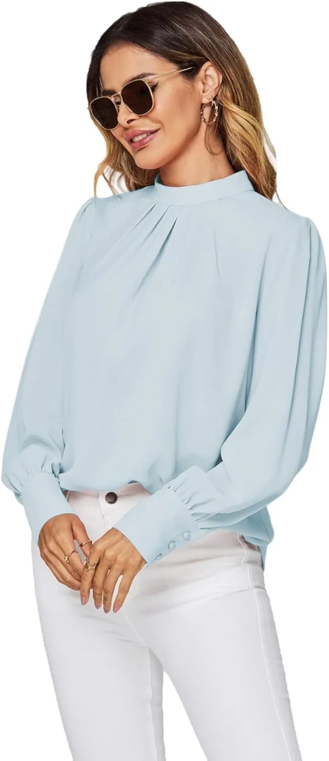 LYANER Women's Mock Neck Pleated Solid Long Sleeve Blouse Office Shirt Top