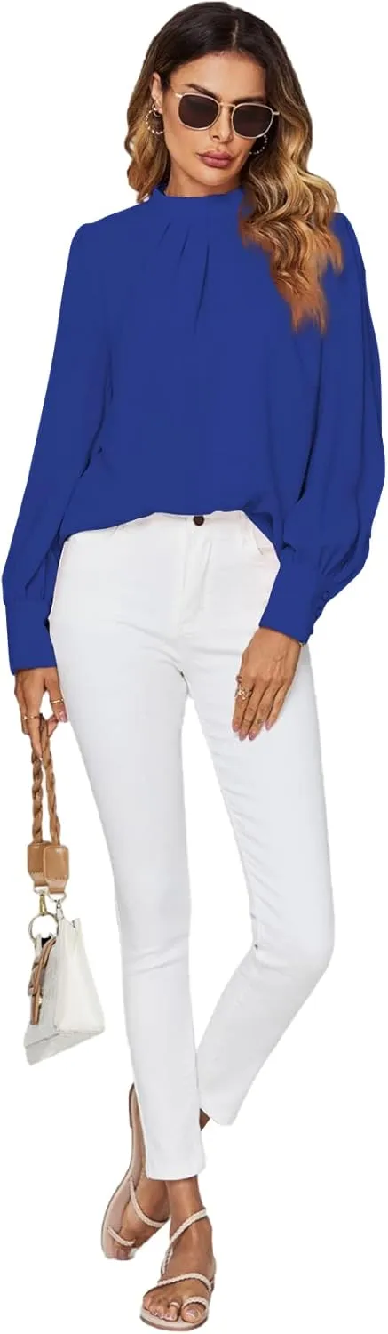 LYANER Women's Mock Neck Pleated Solid Long Sleeve Blouse Office Shirt Top