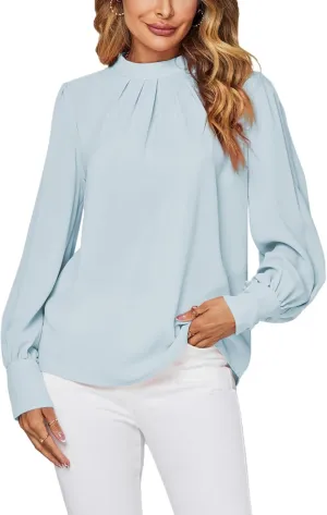 LYANER Women's Mock Neck Pleated Solid Long Sleeve Blouse Office Shirt Top