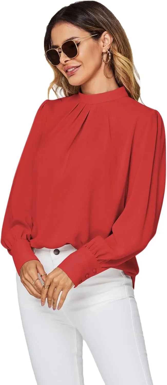 LYANER Women's Mock Neck Pleated Solid Long Sleeve Blouse Office Shirt Top