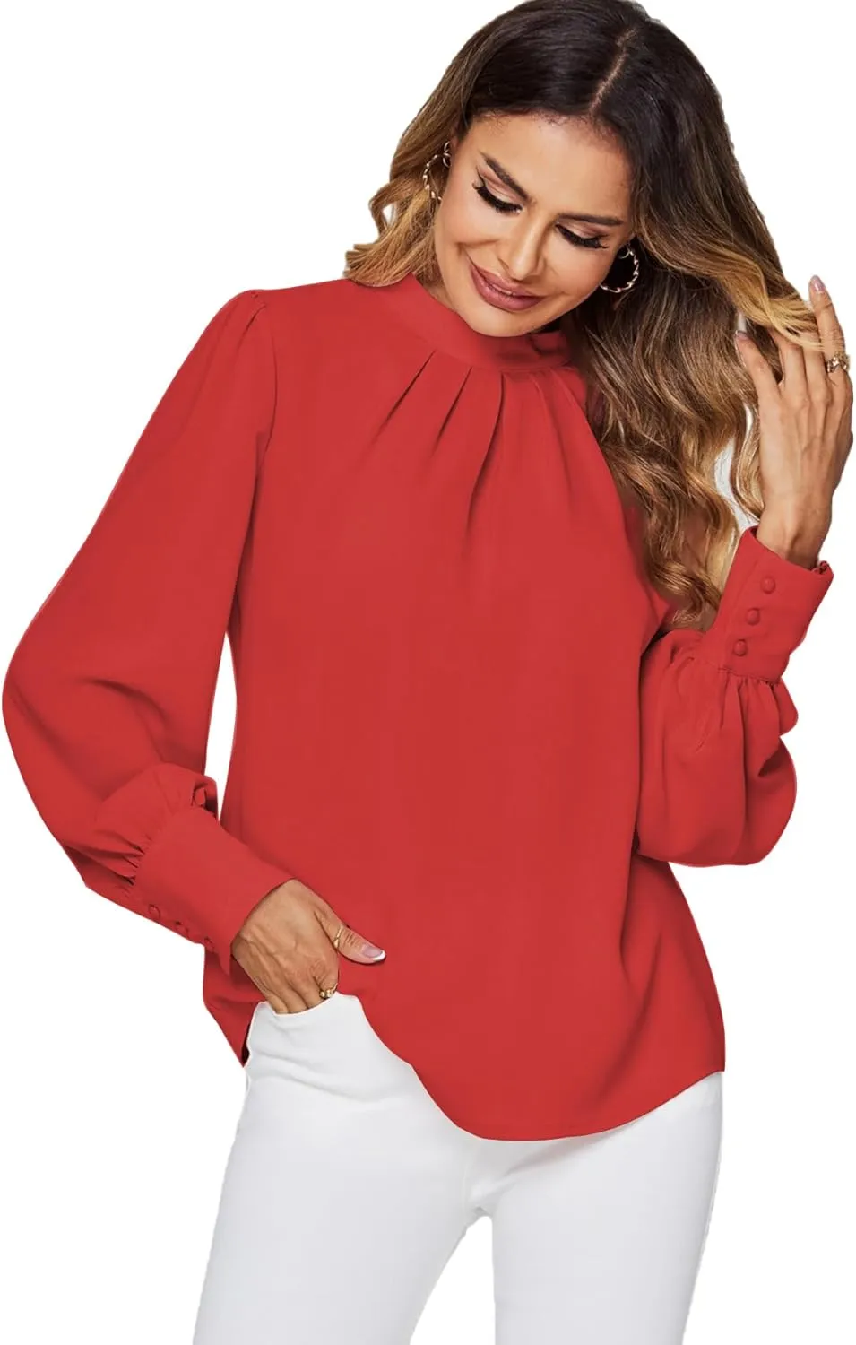 LYANER Women's Mock Neck Pleated Solid Long Sleeve Blouse Office Shirt Top