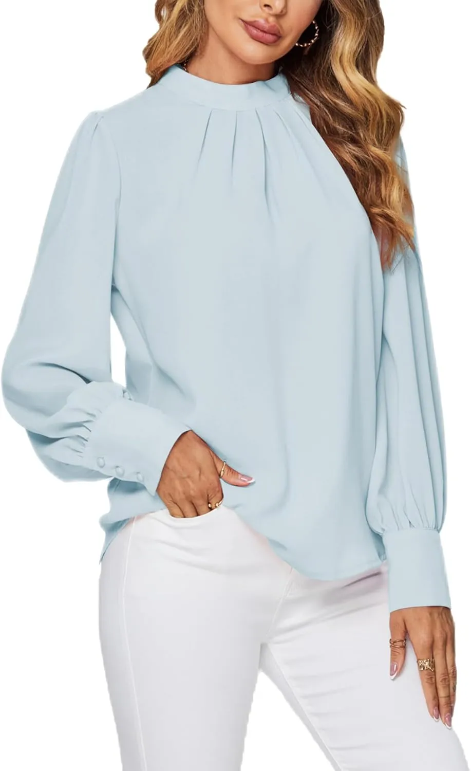 LYANER Women's Mock Neck Pleated Solid Long Sleeve Blouse Office Shirt Top