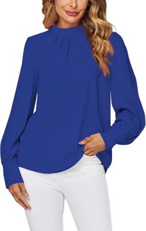 LYANER Women's Mock Neck Pleated Solid Long Sleeve Blouse Office Shirt Top