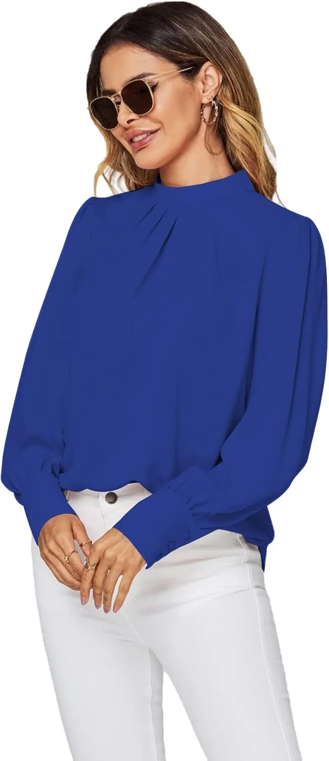 LYANER Women's Mock Neck Pleated Solid Long Sleeve Blouse Office Shirt Top