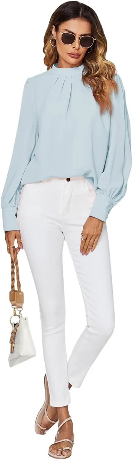 LYANER Women's Mock Neck Pleated Solid Long Sleeve Blouse Office Shirt Top