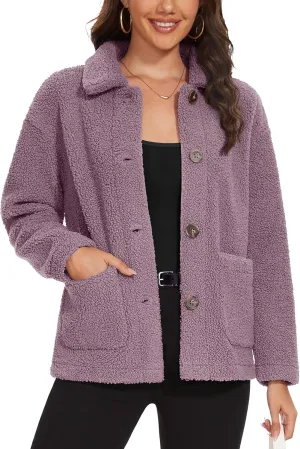 MAGCOMSEN Womens Sherpa Fleece Jackets Fuzzy Warm Winter Jackets Button Down Coat Long Sleeve Outwear with Pockets