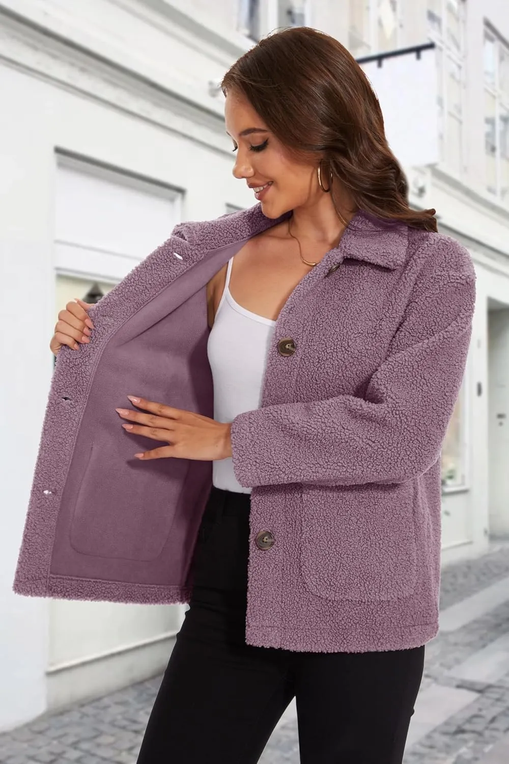 MAGCOMSEN Womens Sherpa Fleece Jackets Fuzzy Warm Winter Jackets Button Down Coat Long Sleeve Outwear with Pockets