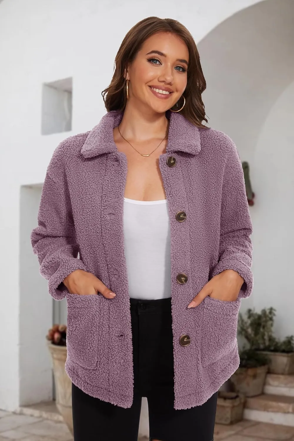 MAGCOMSEN Womens Sherpa Fleece Jackets Fuzzy Warm Winter Jackets Button Down Coat Long Sleeve Outwear with Pockets