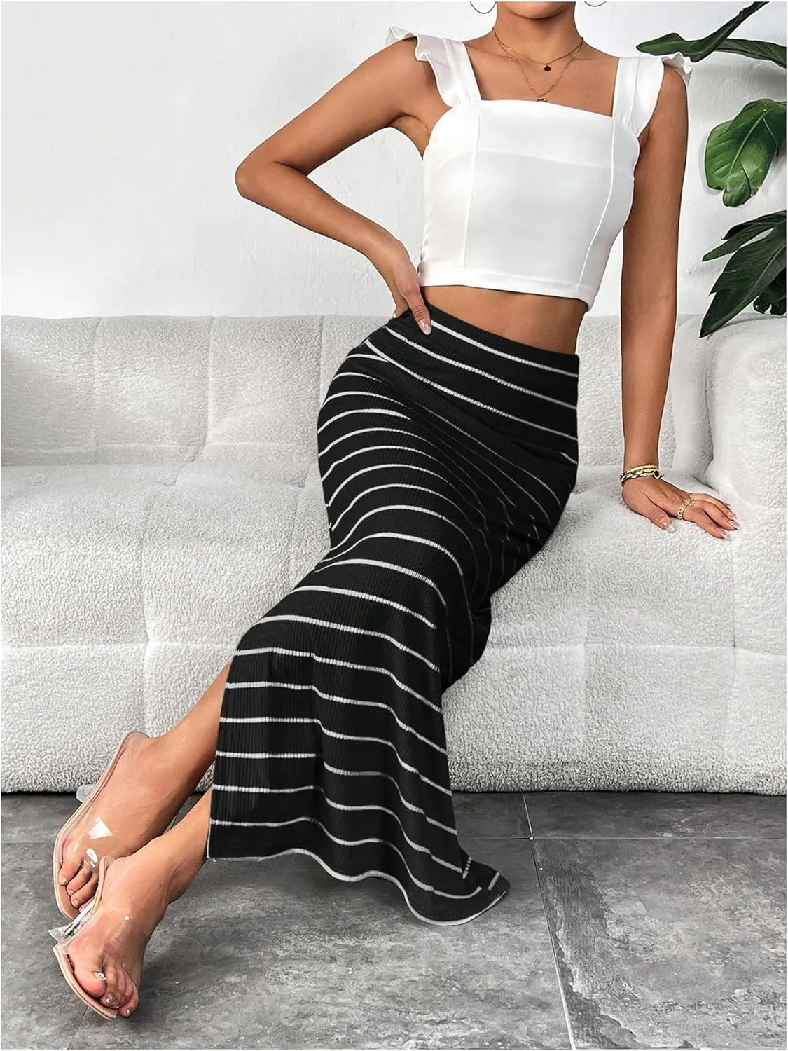 MakeMeChic Women's Striped Split Hem Long Skirts High Waist Knitted Bodycon Maxi Skirt