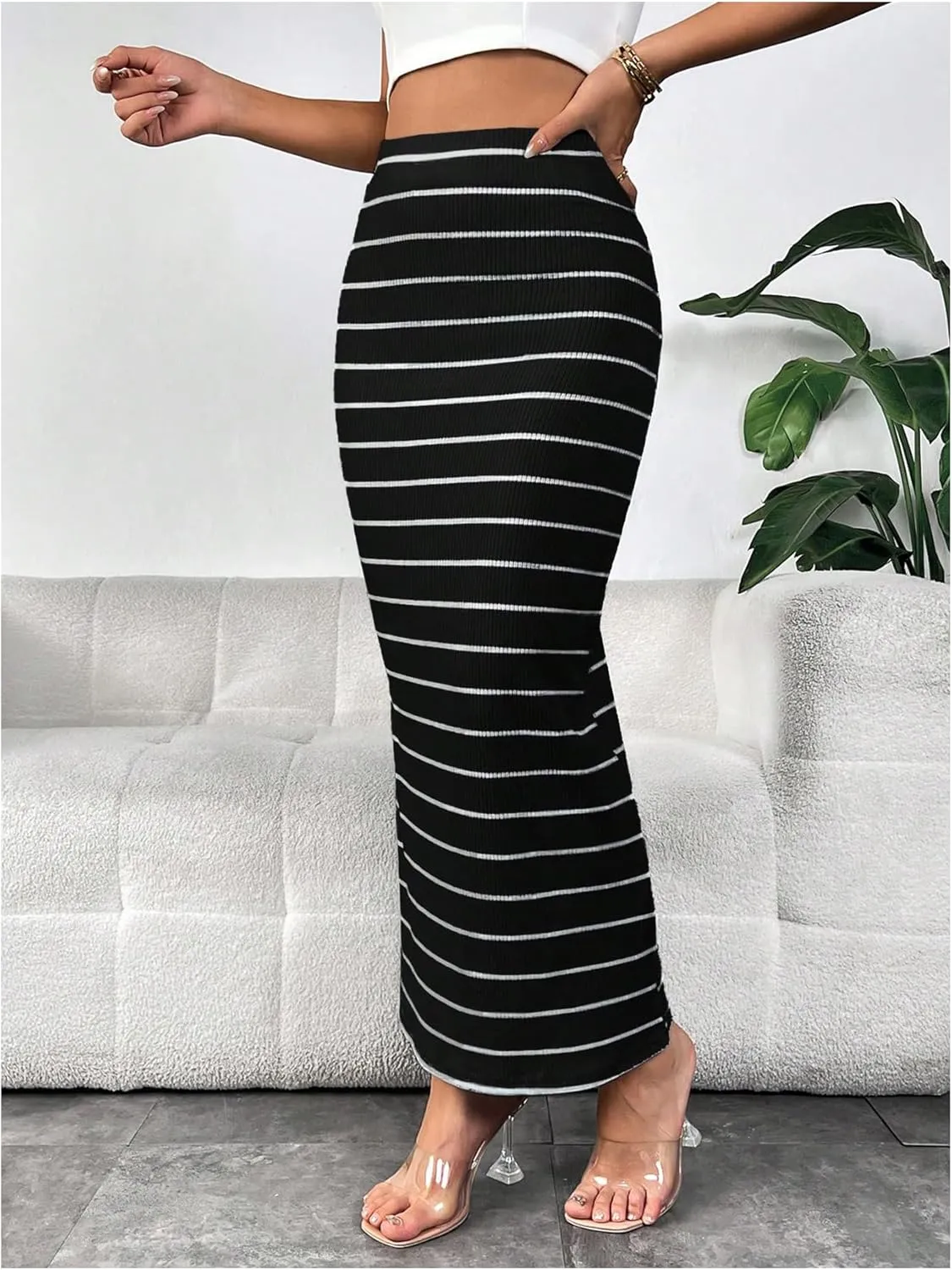 MakeMeChic Women's Striped Split Hem Long Skirts High Waist Knitted Bodycon Maxi Skirt