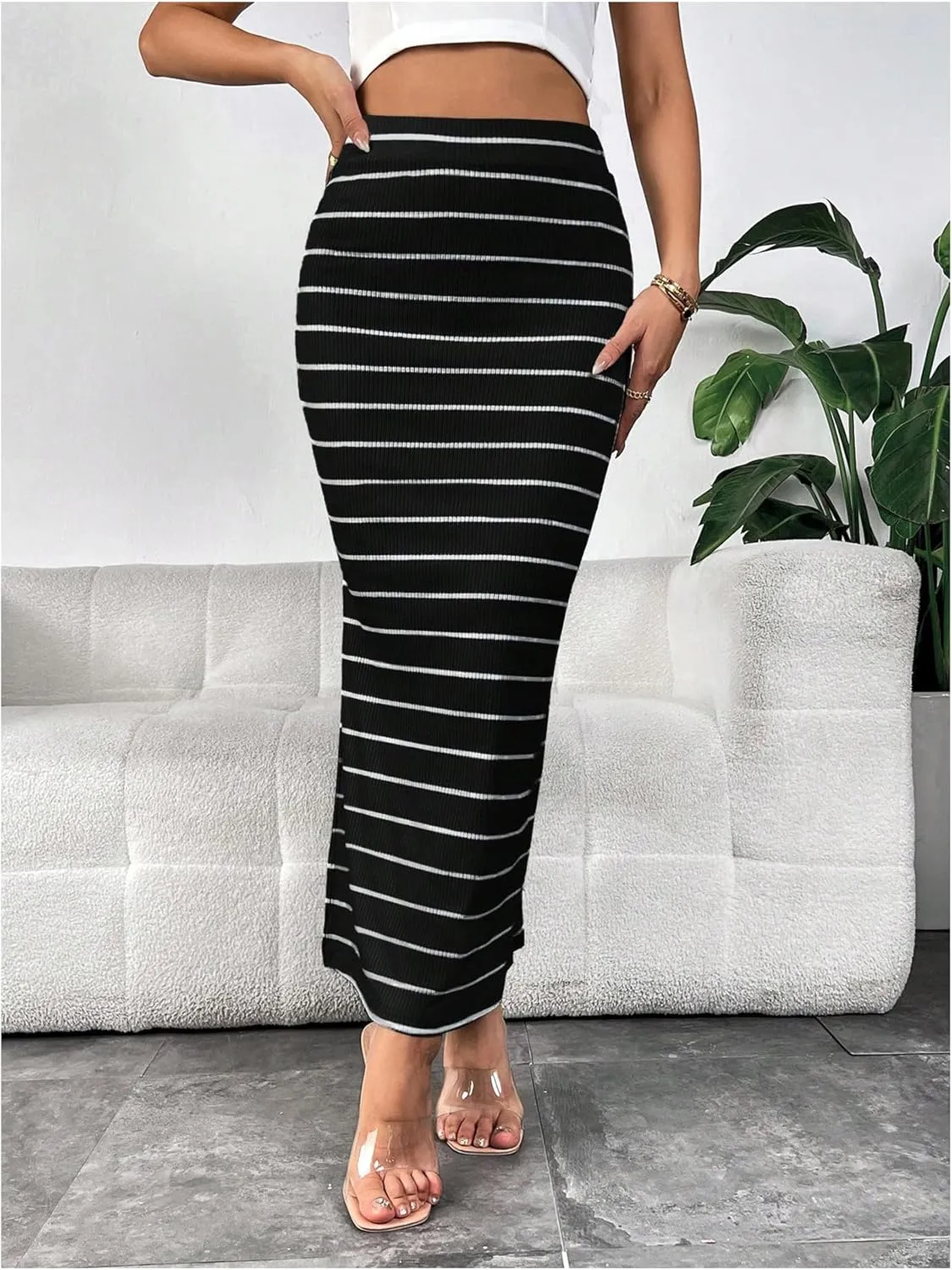 MakeMeChic Women's Striped Split Hem Long Skirts High Waist Knitted Bodycon Maxi Skirt