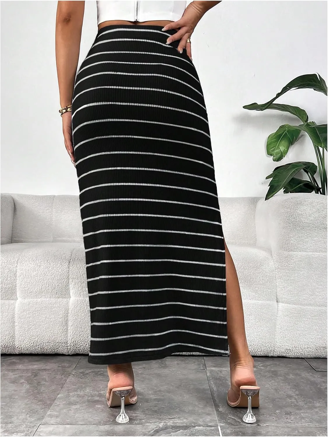 MakeMeChic Women's Striped Split Hem Long Skirts High Waist Knitted Bodycon Maxi Skirt