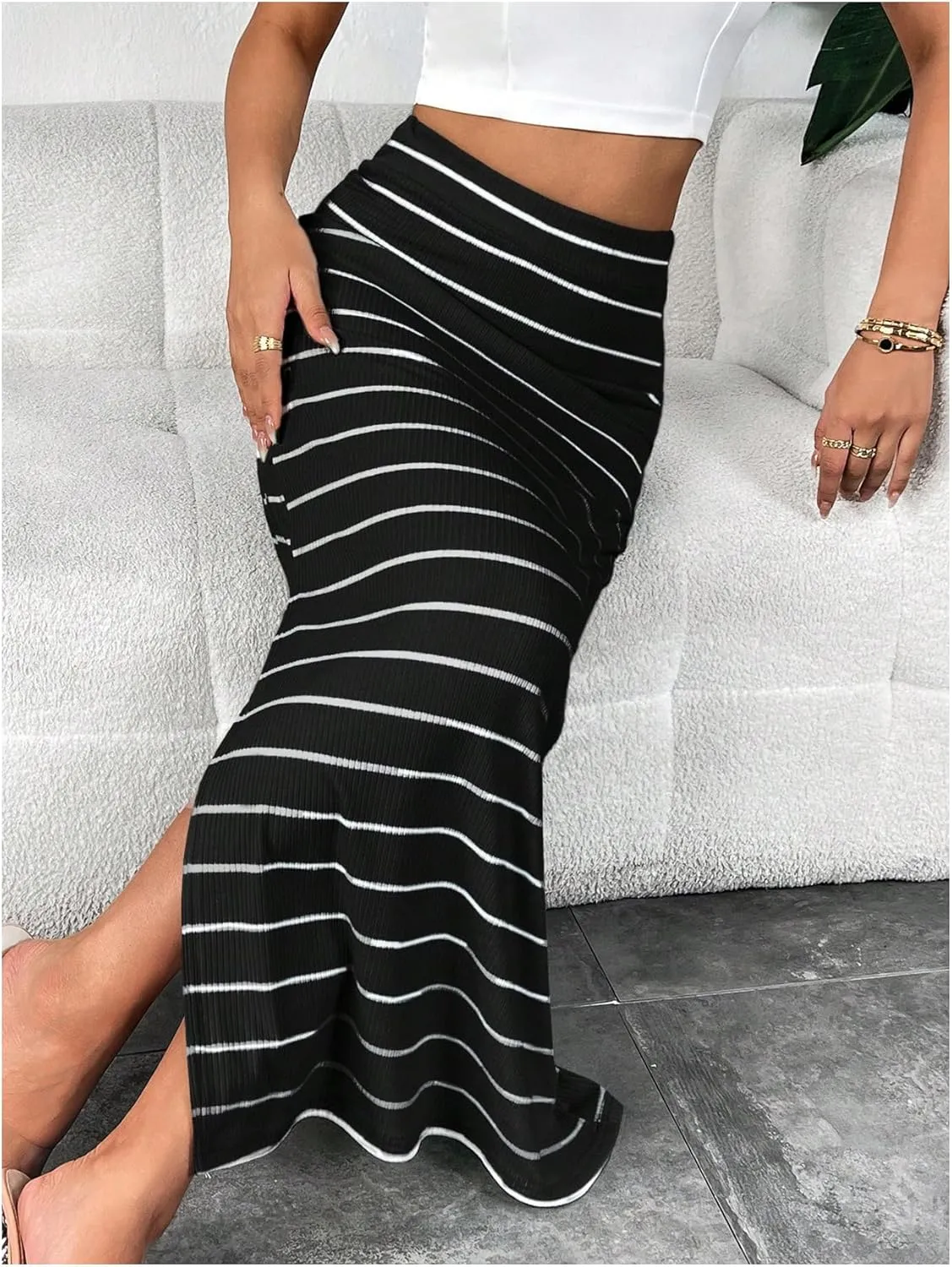 MakeMeChic Women's Striped Split Hem Long Skirts High Waist Knitted Bodycon Maxi Skirt