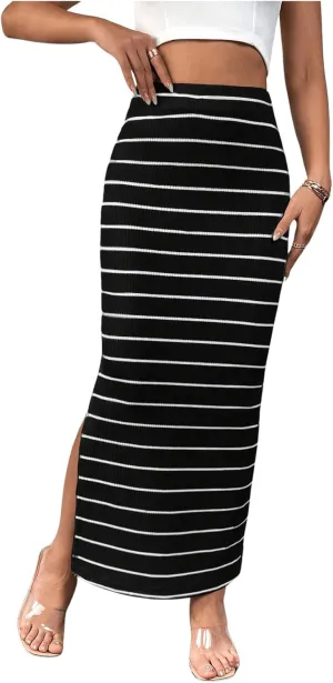 MakeMeChic Women's Striped Split Hem Long Skirts High Waist Knitted Bodycon Maxi Skirt